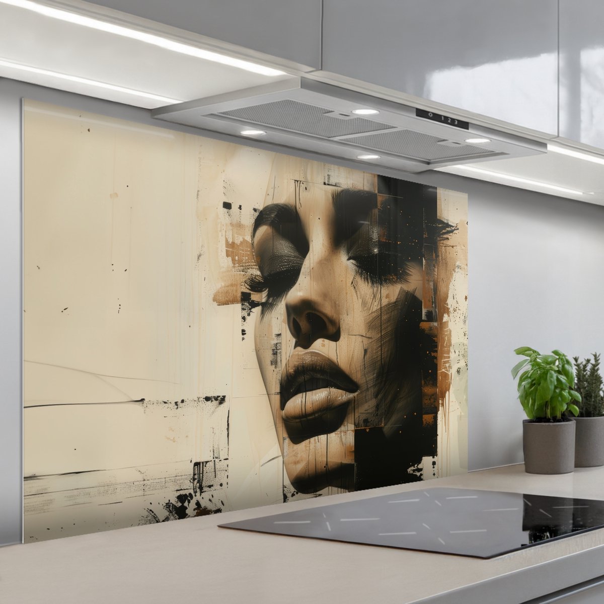 KitchenYeah Spatscherm 120x80 cm Zelfklevende achterwand Vrouw Gezicht Abstract Kunst Keuken muurbeschermer Spatwand fornuis