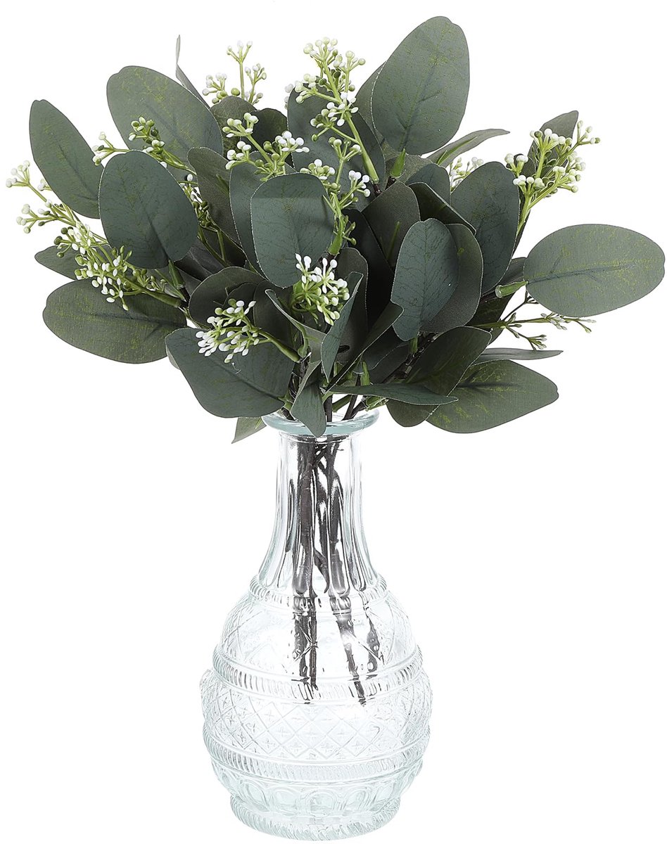 Unyqoos Set van 12 decoratieve kunst eucalyptus takken met realistische bladeren en zaden groen