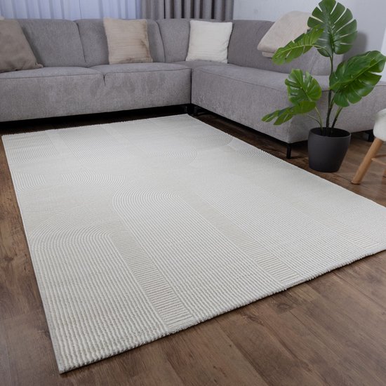Crème Tapijt Kwalitatief Laagpolig Vloerkleed Koho Premium Touch 3D Toon Op Toon Japandi Stijl 200x200cm Modern Woonkamer Salon Slaapkamer Eetkamer
