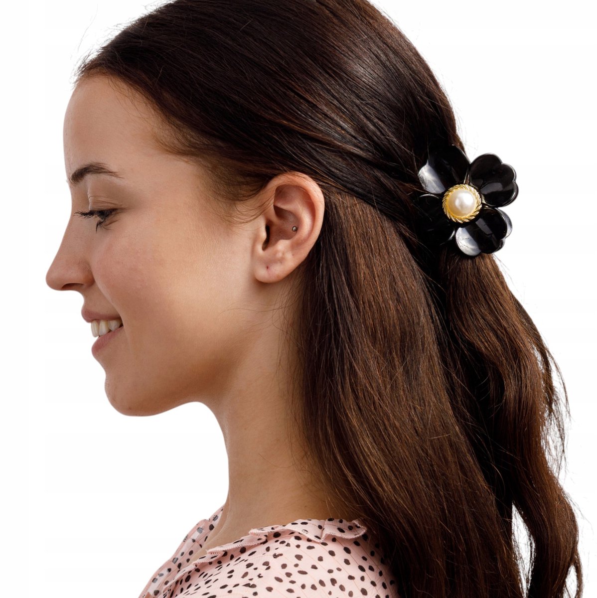 Elegante zwarte haarclip met bloem en parel