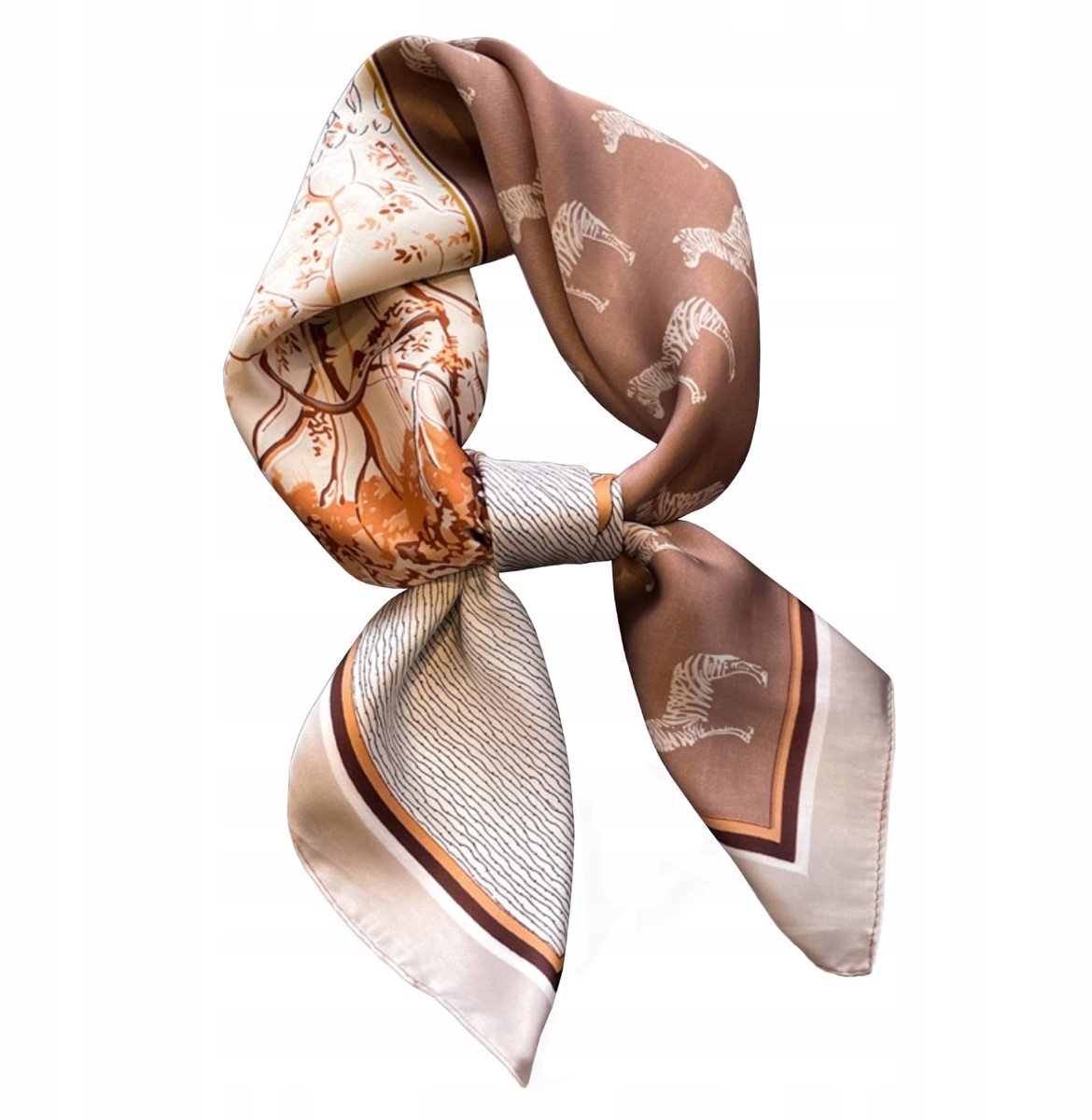 Dames satijnen sjaal 70x70 cm, beige safari met zebraprint