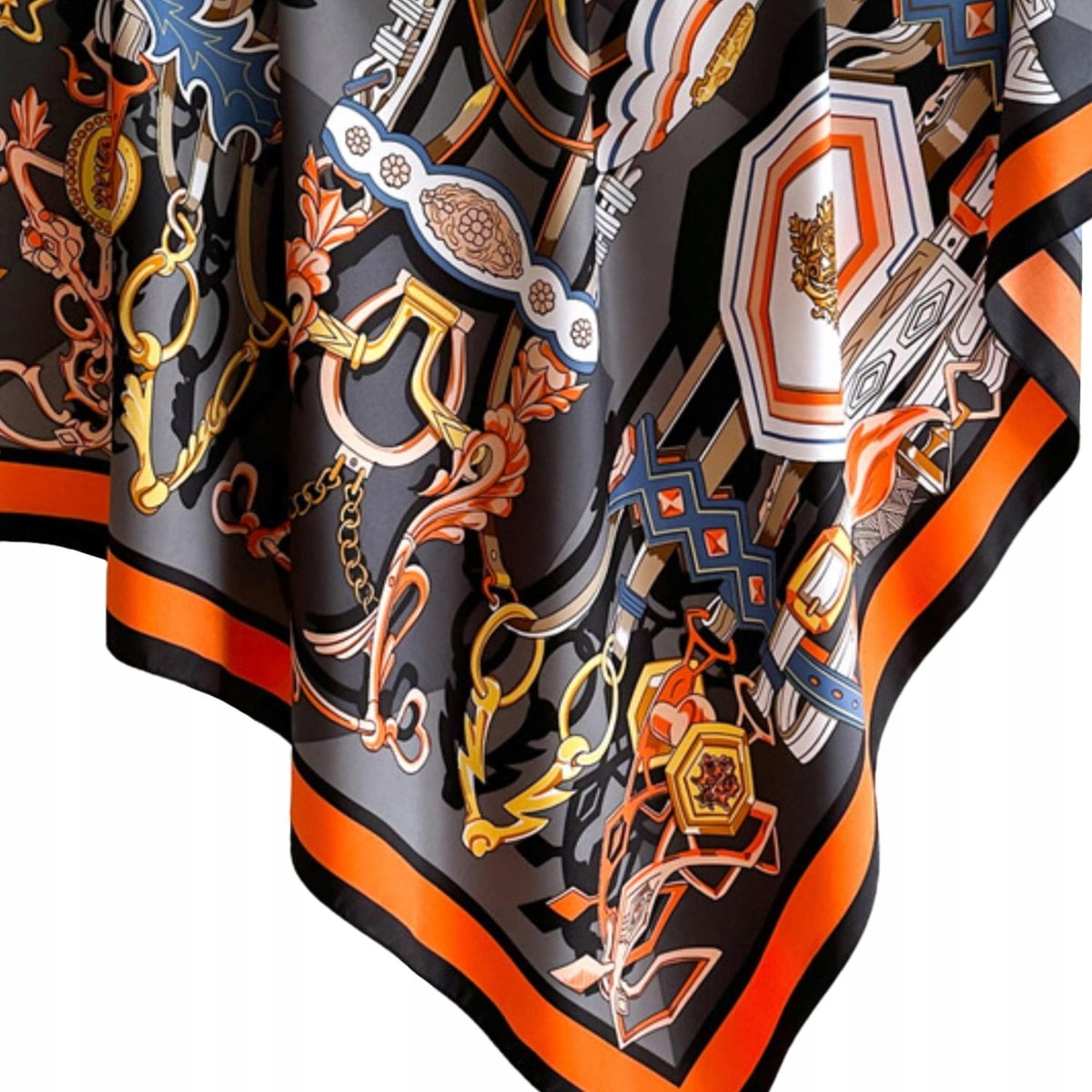 Merkloze Zijde-look Sjaal 90x90cm Zwart-Oranje Kettingpatroon