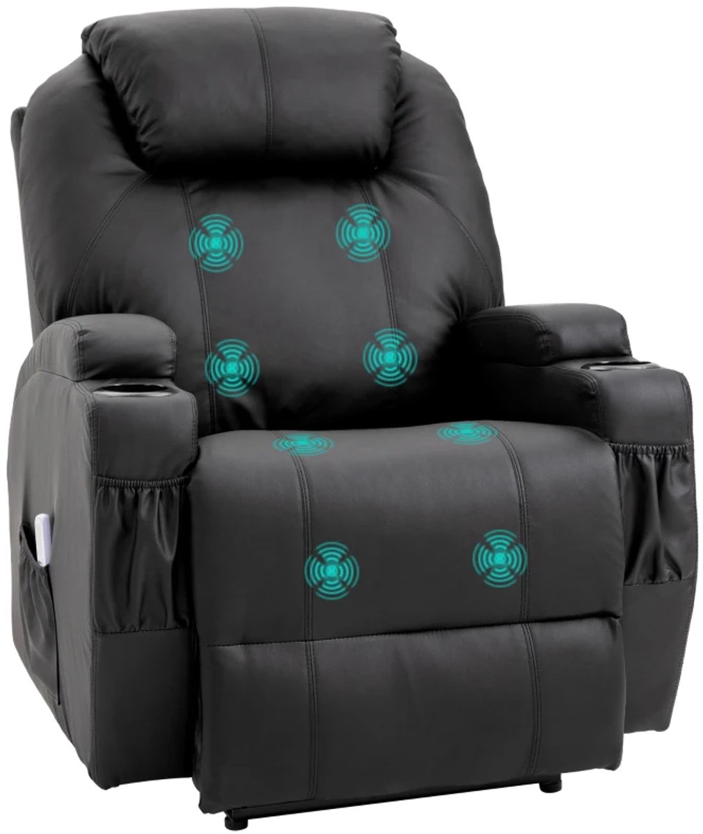 Elektrische Massagestoel - Power Massagefauteuil met Liftondersteuning - 8 Massagepunten - 165 Graden Kantelbaar - met Afstandsbediening - tot 160 kg - Relaxfauteuil - met Bekerhouder - Zwart