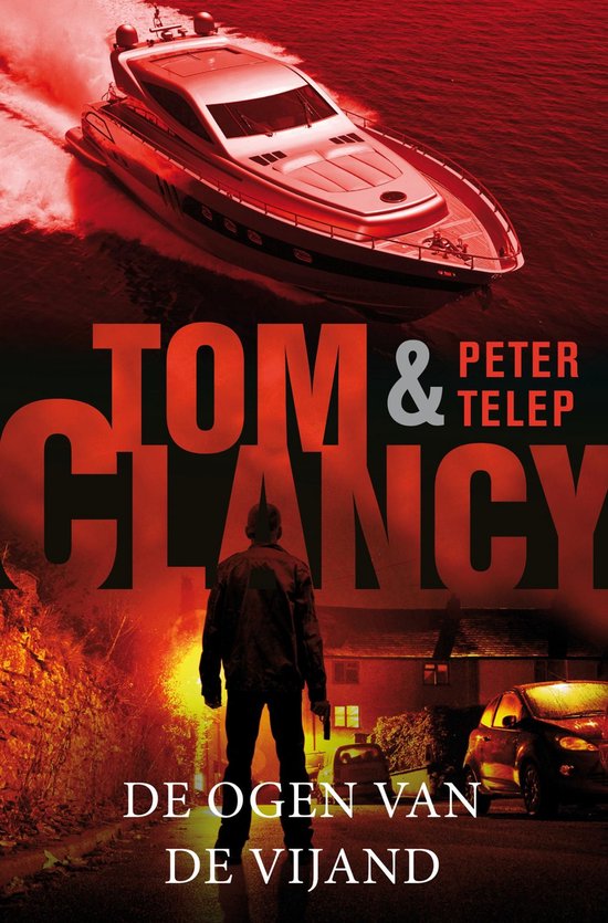 Couverture du livre : Un hors-bord rouge navigue sur l'eau, avec un homme tenant un pistolet au premier plan. Titre 'Les yeux de l'ennemi' par Tom & Peter Telep.