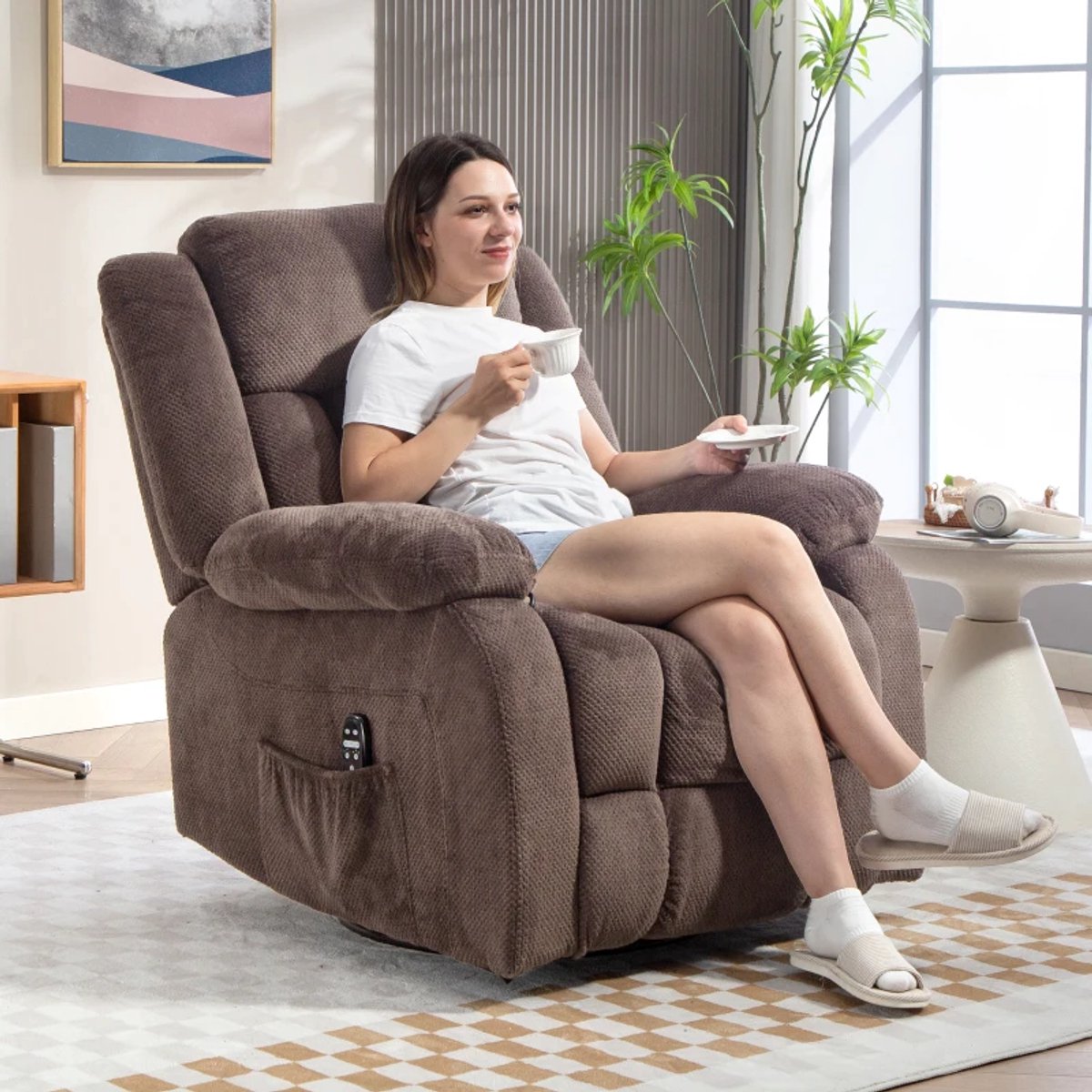 Elektrische Massagestoel - Power Massagefauteuil - 5 Massagestanden - 150 Graden Kantelbaar - Draaibaar - met Massage & Verwarming - met Afstandsbediening - Relaxfauteuil - TV Stoel - Bruin – foto 6