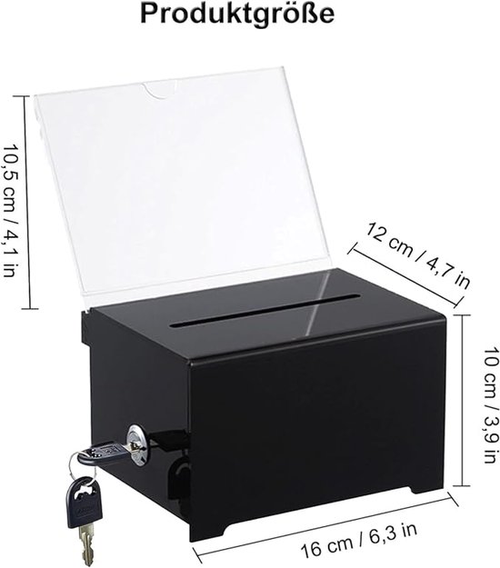 Acryldispenserbox, afsluitbaar, dispenserdozen van acryl, stembus zwart
