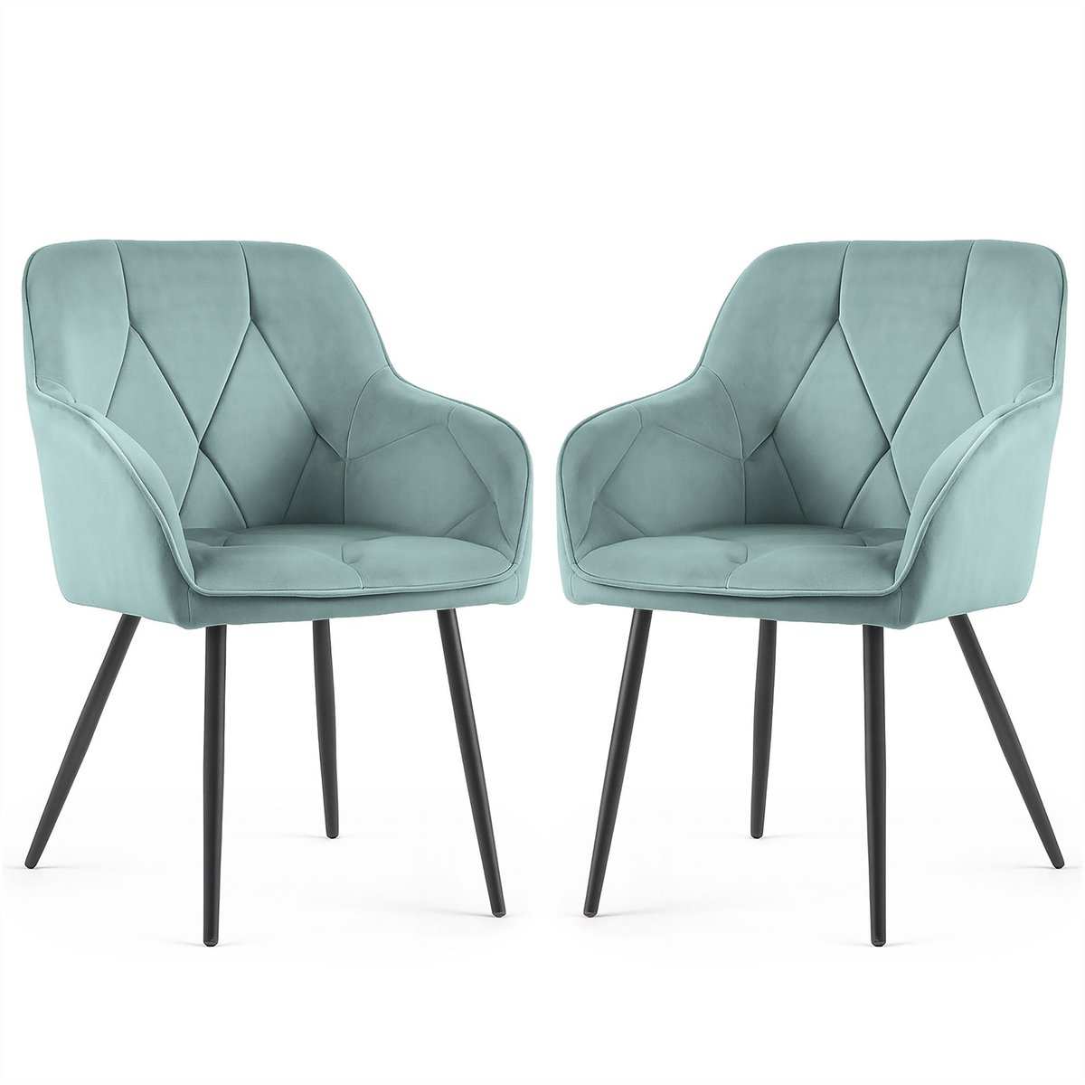 Set van 2 Eetkamerstoelen DIAMANTE met Armleuningen / Gestoffeerde Stoelen / Fluwelen Stoelen en Metalen Poten / Turkooizen kleur met zwarte benen