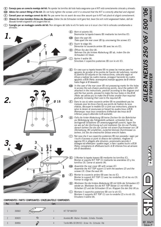 Support de top case Shad pour Scooter Gilera 250 Nexus 2006 à 2007 Neuf