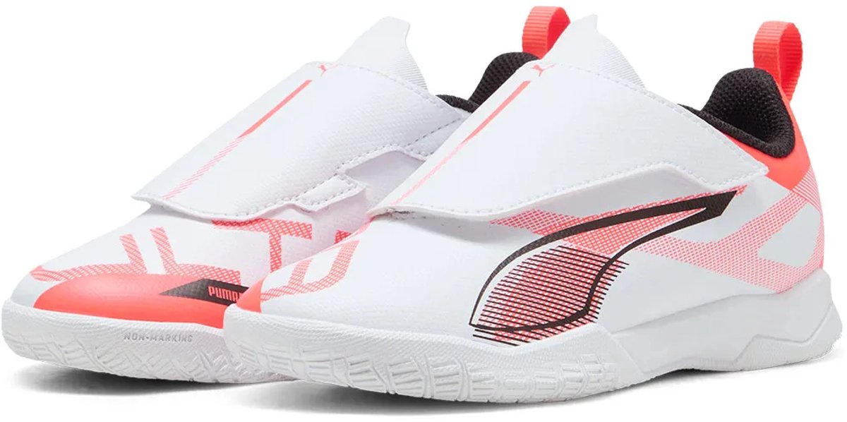 Witte Puma Ultra 5 Play V It voetbalschoenen met klittenbandsluiting en lage rubberen buitenzool, maat EU 34 1/2.