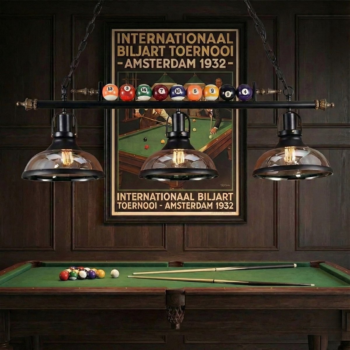 Biljartlamp pool met drie kappen,koper/zwart - Van den Broek Biljarts