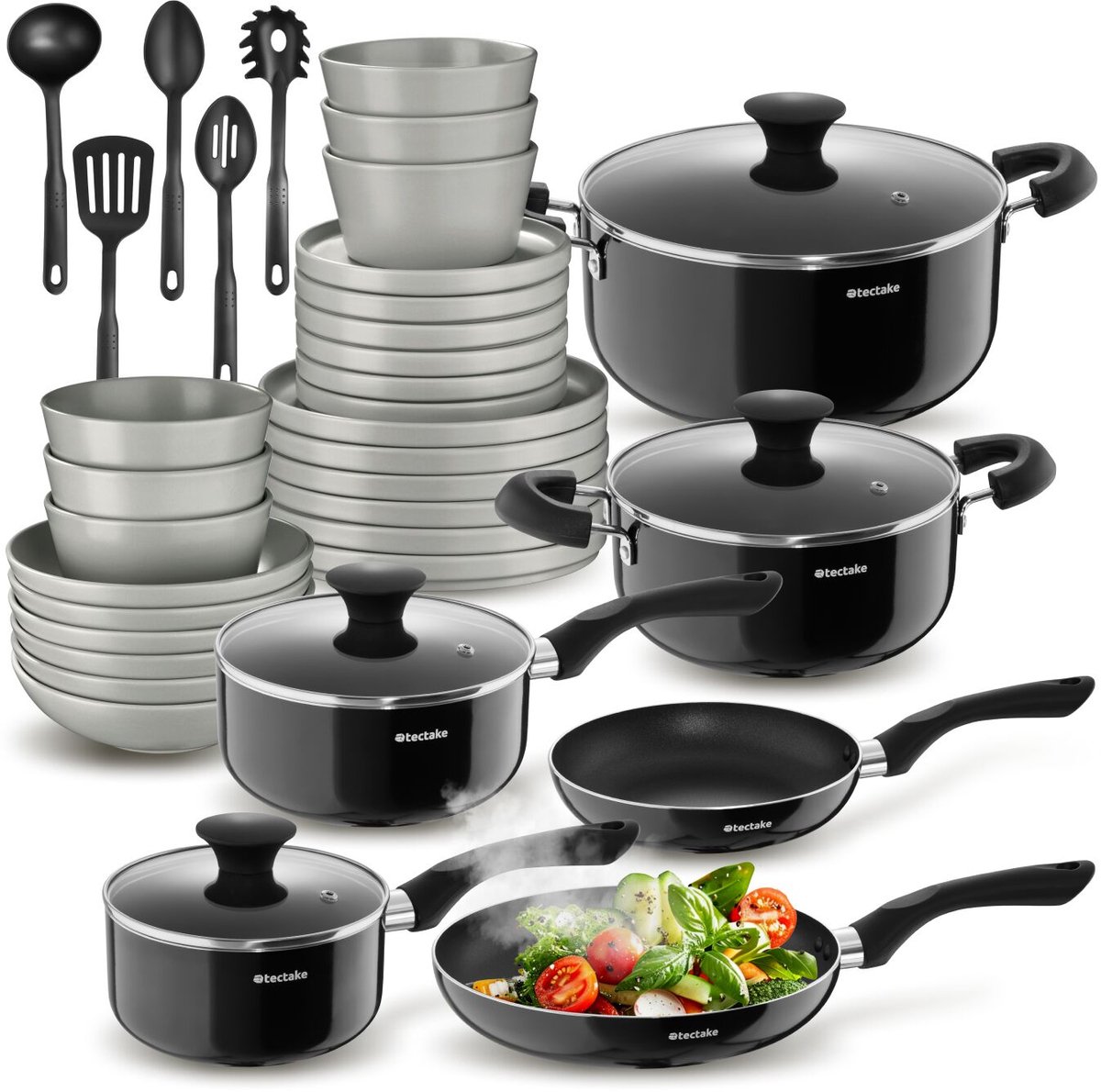 tectake® Kookgerei Set - Complete Set voor 6 Personen - 39-delige Keukengerei Set met Servies en Pannen - Pannenset met Koekenpan - Serviesset - Magnetron- en Vaatwasserbestendig - Keukenset Perfect voor Starters - Grijs/Zwart