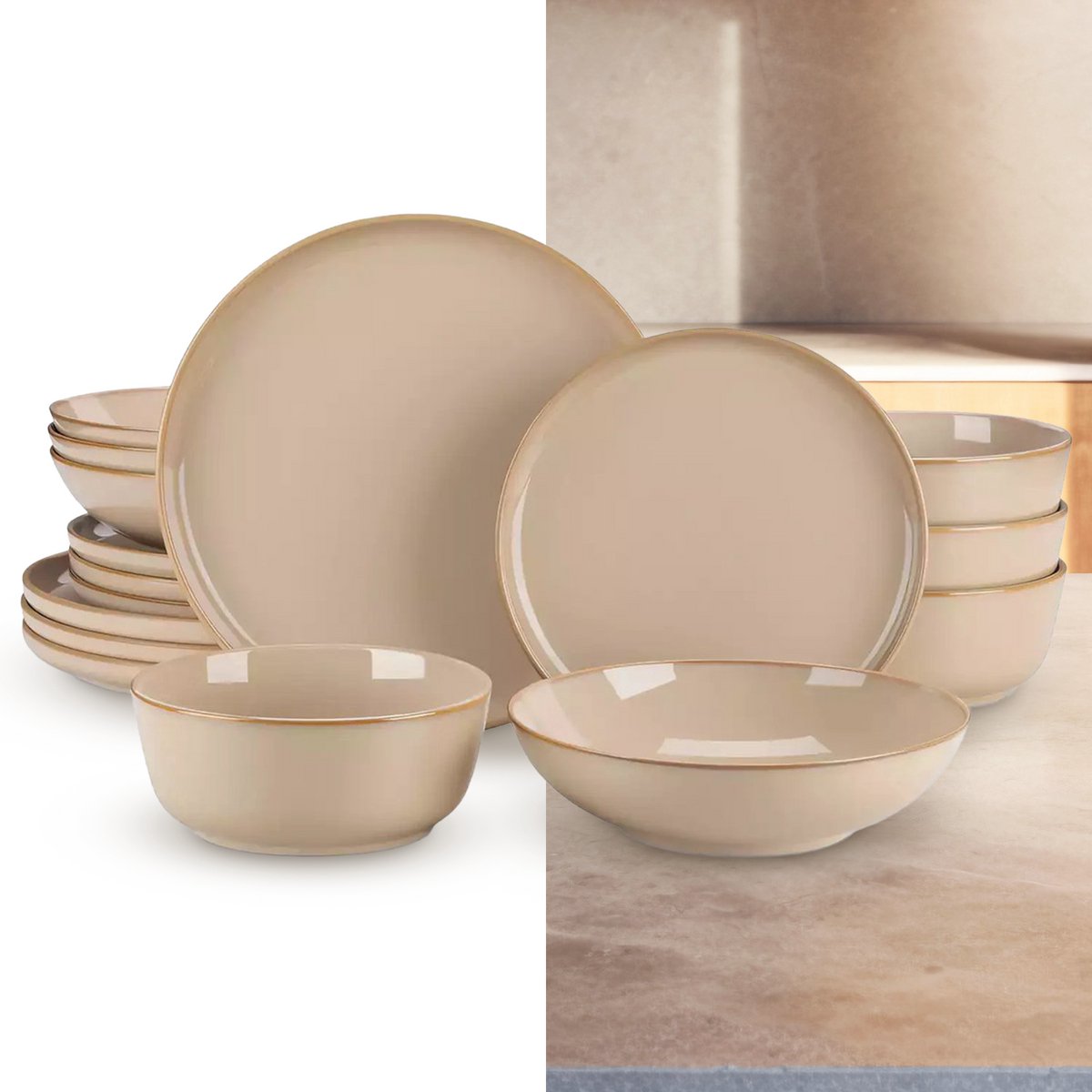 Luxe Serviesset – 16 delig – 4 persoons – Steengoed - Bordenset – Dinner platen – Dessertborden - Kommen - Pastabord - Karamel