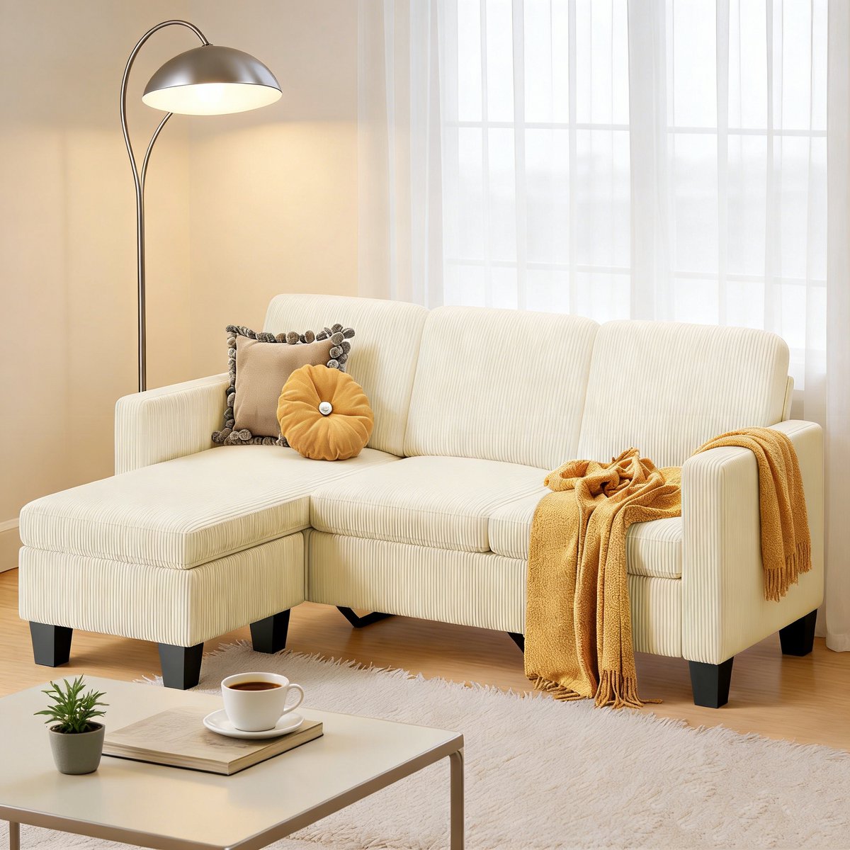 Bealife AR93 Hoekbank - L-vormige bank - Corduroy - Vierzits - 188×137×89cm - Lichtgeel