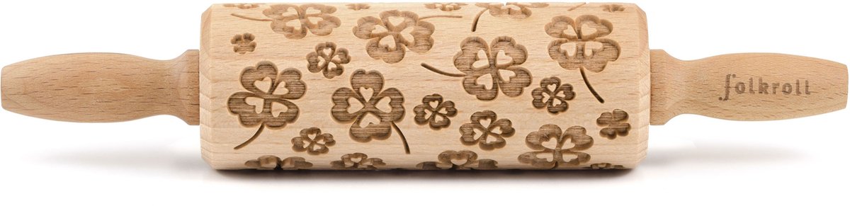 Folkroll deegroller klaverblad, junior, 23 cm, deegroller, embossingroller, patroon, motief, roller, beukenhout, 334027