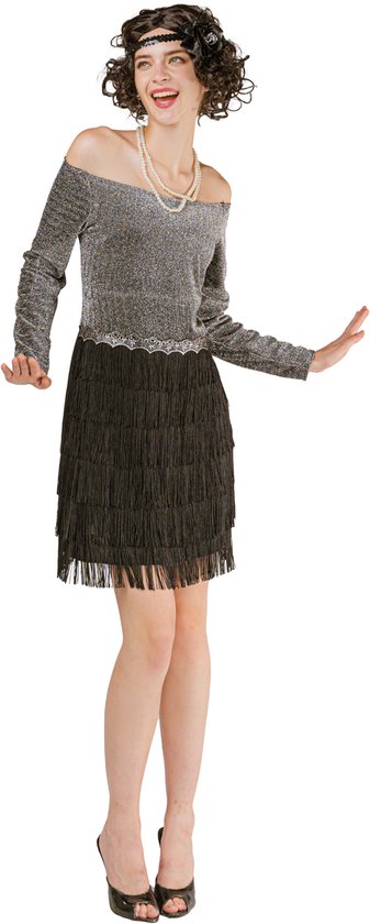 Joya Party® Gatsby Flapper Verkleed Jurk Dames | Charleston Verkleedjurk Roaring 20’s Verkleedjurk | Art Deco Zilver/Zwart met Franjes & Haarband | Verkleedkostuum Vrouwen Jaren Twintig | Maat L/XL