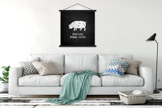 Porte-affiche avec affiche - Affiche scolaire - Cuisine - Cochon - Viande - 120x120 cm - Lattes noires
