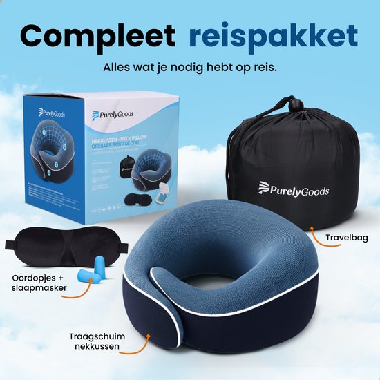 PurelyGoods® Nekkussen Set - Reiskussen - Vliegtuig & Auto - Memory Foam - Donkerblauw