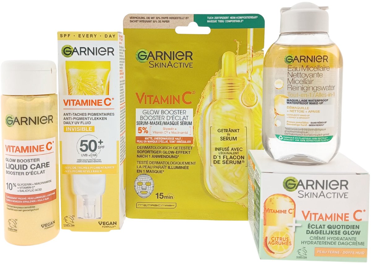 Garnier Vitamin C Luxe Cadeauset – 5-delig – Dagcrème + UV Fluid + Glow Booster + Masker + Micellair Water – Cadeau voor haar