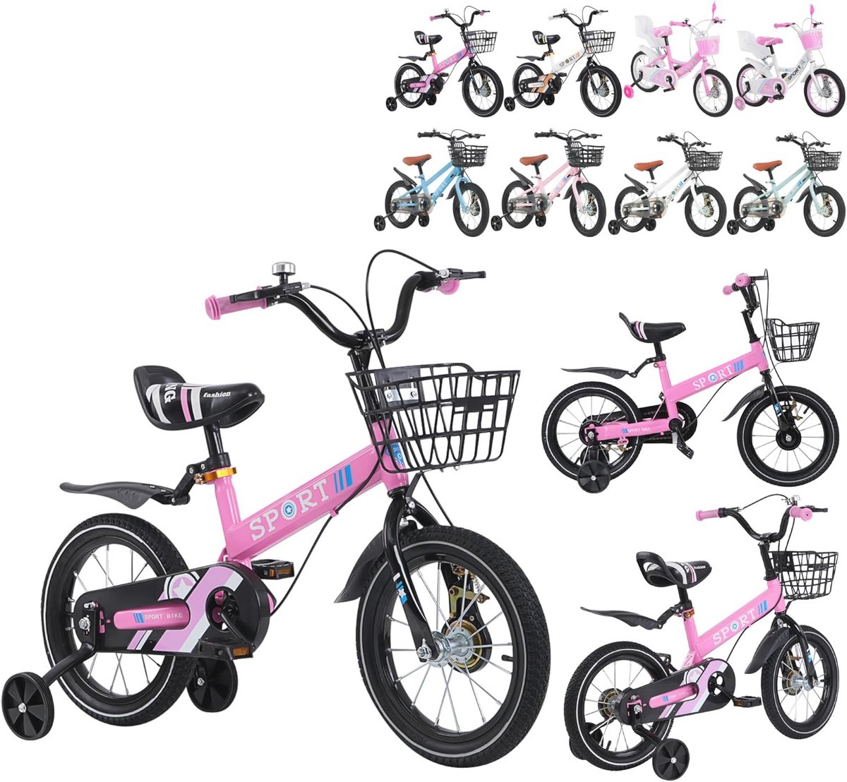 Kinderfiets 12/14/16 inch met mand en steunwielen voor kinderen van 2 tot 8 jaar