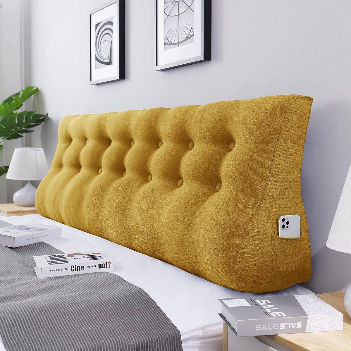 Lang XXL Wigkussen met Hoge Rug - Groot Wandkussen & Leeskussen voor Bed en Bank - Wasbare Linnen Hoes Geel 200cm