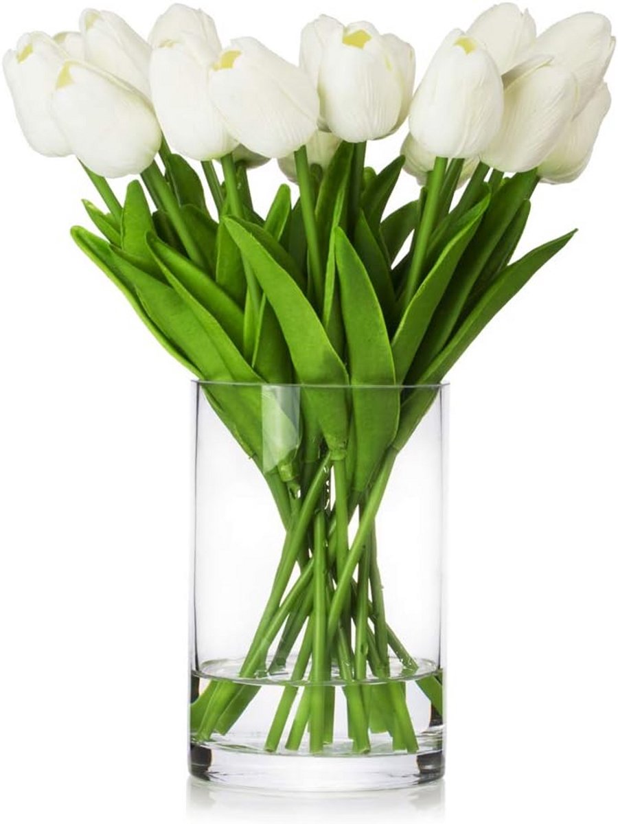 20x Real Touch Kunstmatige Tulpen in Glazen Vaas met Faux Water - Zijden Bloemen Decoratie