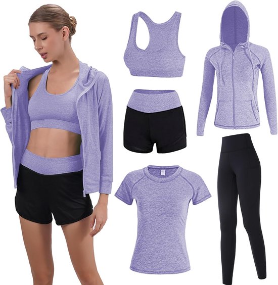 Ensemble d'entraînement 5 pièces pour dames : outfit Yoga & ensemble de vêtements de sport en violet