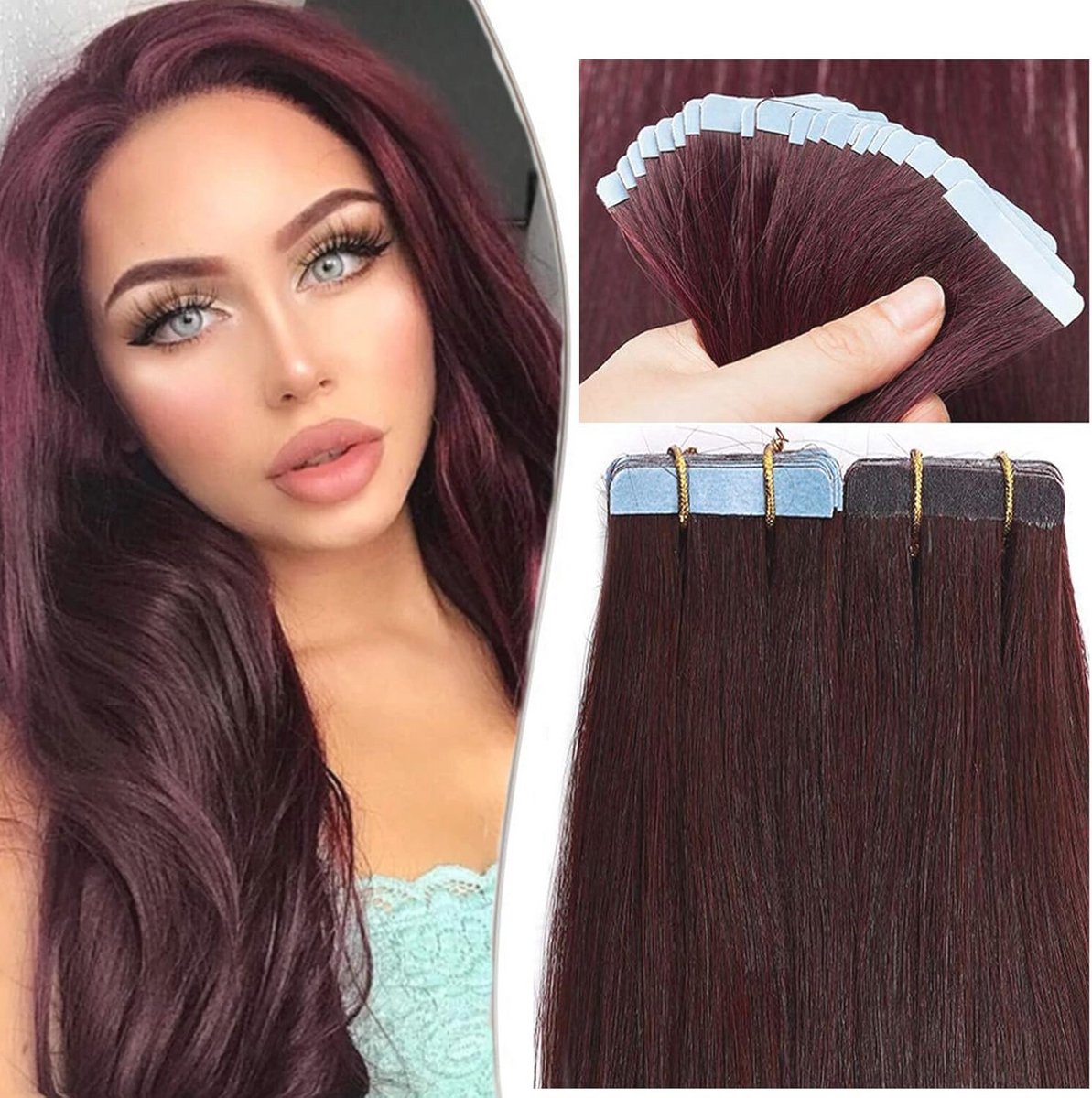Tape Extensions Echthaar 20 Tressen - 100% Remy Haarverlängering Weinrood 50cm