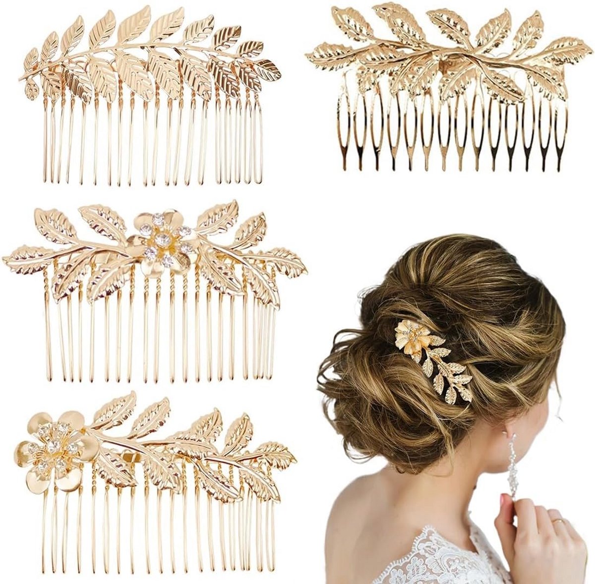 Haaraccessoires Set - 4 Stuks Haarkammen met Bladgoud voor Vrouwelijke Kapsels