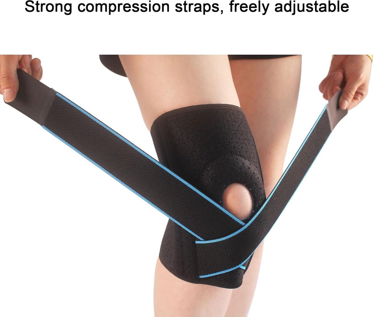 Een verstelbare elastische kniebrace met zijstabilisator en ademend vermogen.