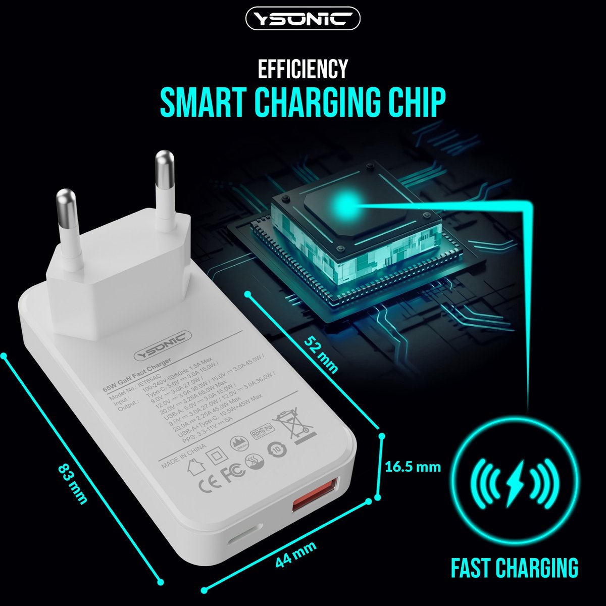 YSONIC Platte 65W Snellader met 2 Meter USB-C Kabel – Type-C Adapter & Oplader Charge Geschikt voor Smartphones, Tablets & Laptop – Wit — afbeelding 2