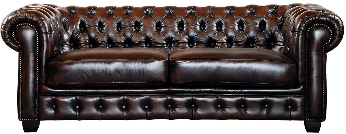 Vente-unique Driezitsbank en fauteuil Chesterfield BRENTON 100% buffelleer - bruin tinten Donkerbruin