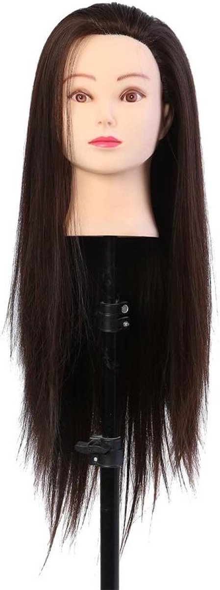 Mannequin voor kappersopleiding en cosmetica, met echt donkerbruin haar