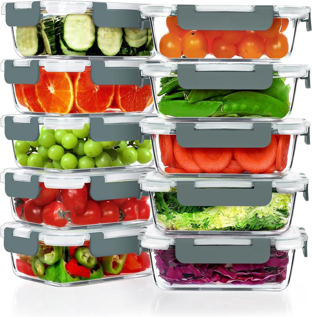 Set van 10 Luchtdichte Glazen Meal Prep Containers met Deksel - Magnetron, Oven & Vriezerbestendig