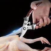 Pluimveeschaar, scherpe keukenschaar, roestvrij staal met ergonomische handgreep, vleesschaar, voor het snijden van eend, kip, gans, kalkoen of kalkoen (zilver