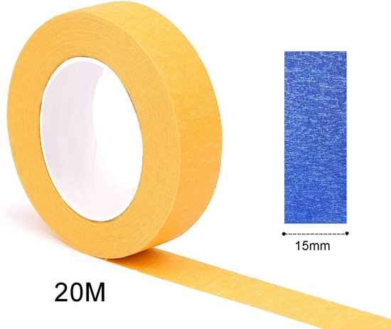 Een rol geeloranje masker tape met "20M" erop. Naast de rol staat een blauwe strook met "15mm" eronder.