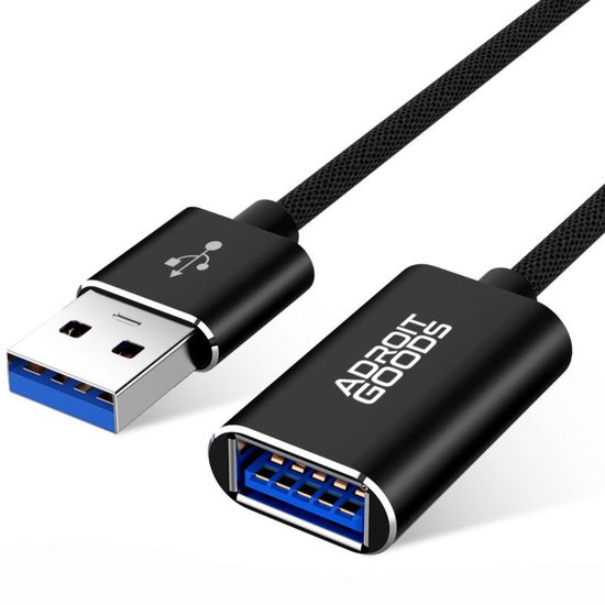 Câble d'extension USB 3.0 noir avec un câble tressé et une connexion USB-A vers USB-A.
