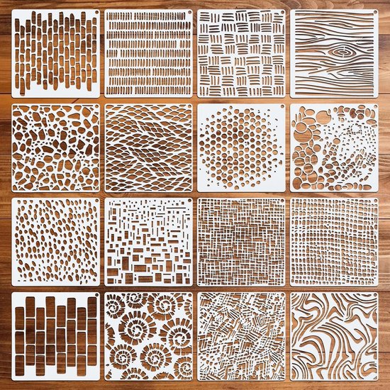 Pochoirs Texturés en Couches pour Peinture et Créations Mixed Media - Ensemble de 16 pièces - Pochoirs de Texture Réutilisables pour Projets Artistiques sur Cartes, Dessins, Murs et Toile