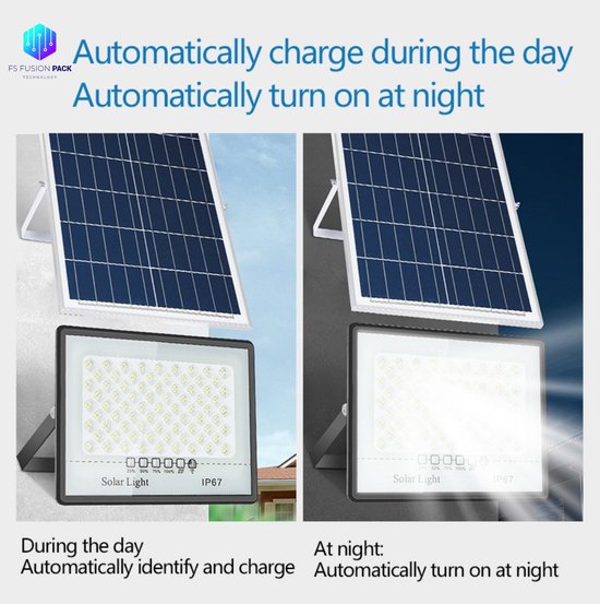 Zonnelamp met zonnepaneel. Laadt overdag automatisch op en schakelt 's nachts automatisch aan.