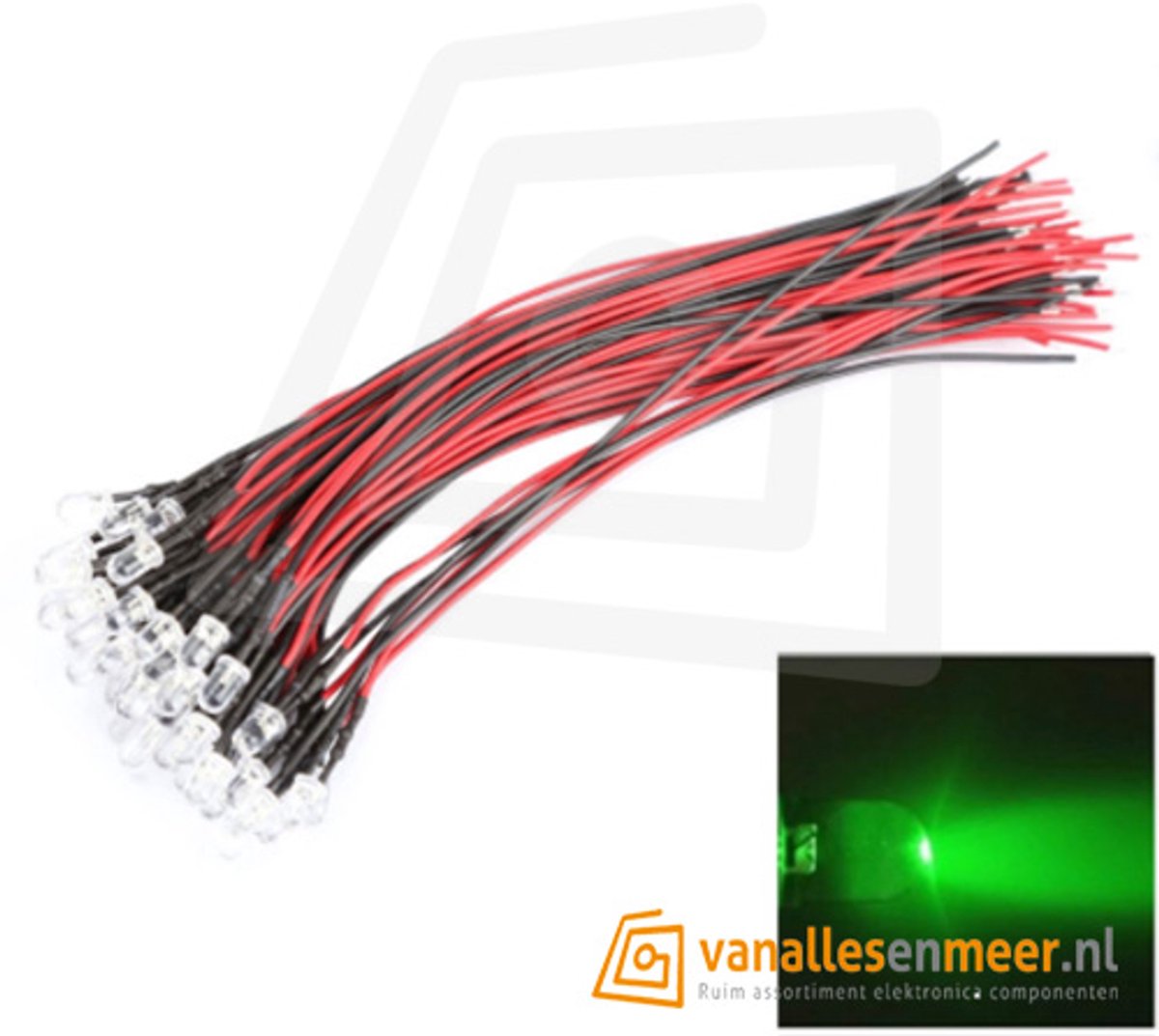 5 mm Helder LED met Kabel – 12 V – Groen – Set van 10 Stuks
