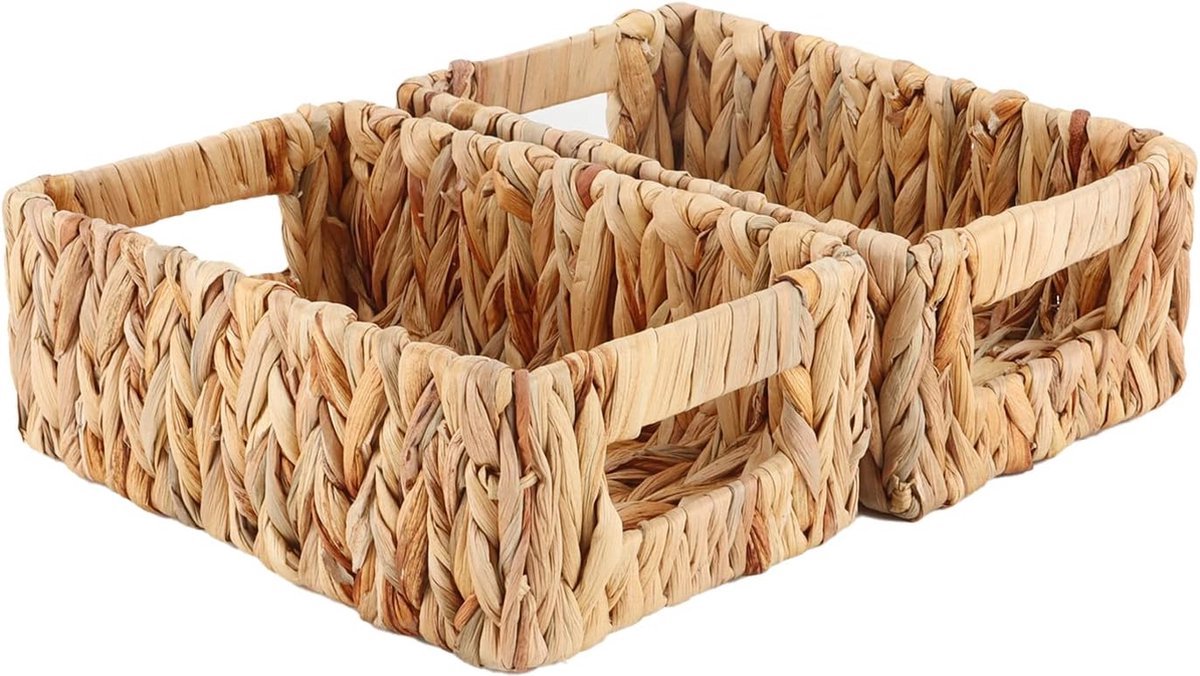 Stunq® Handgemaakte Woven Opbergmanden van Waterhyacint met Handvatten – Set van 2