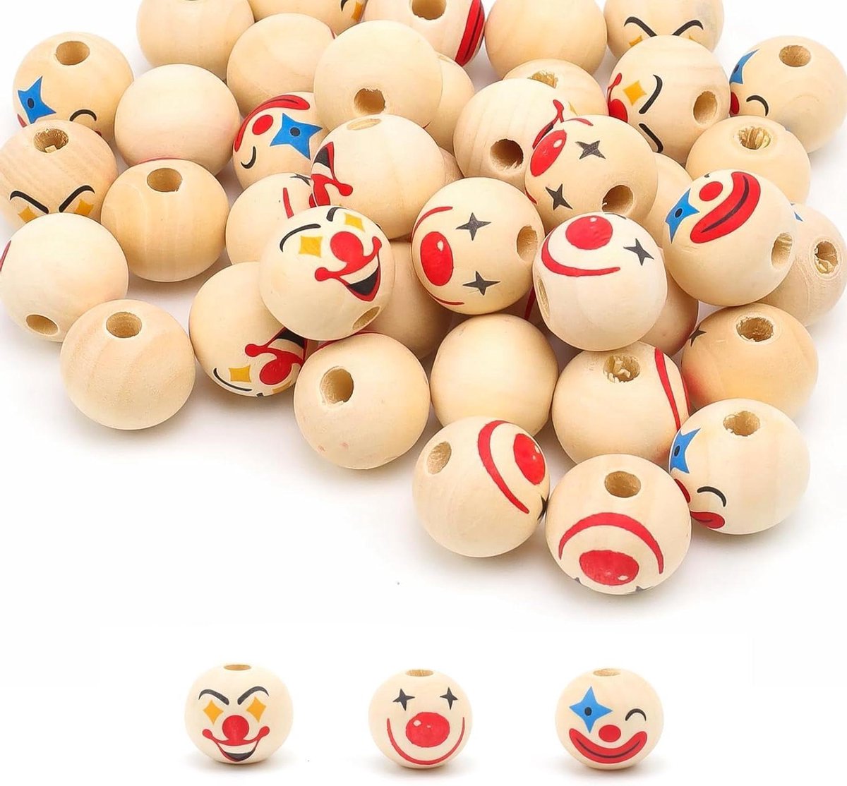 Allecta - Houten kralen met gezicht, 45 stuks, 20 mm, clown, knutselkralen, doe-het-zelf knutselbenodigdheden, decoraties, poppen, armband