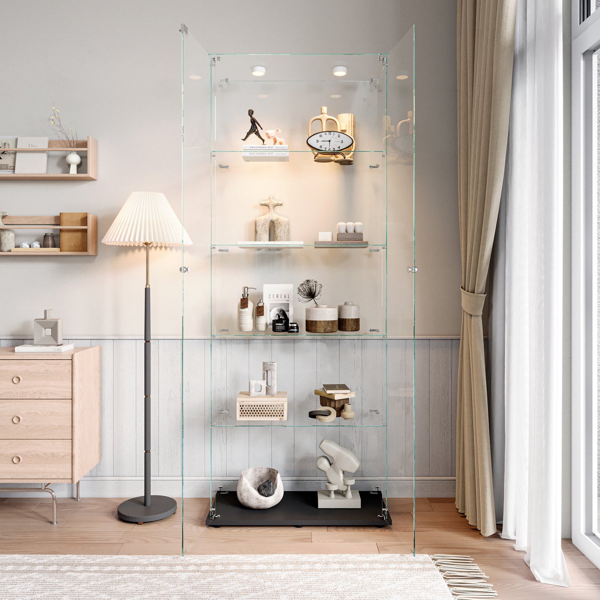 Dubbele vitrinekast met 5 planken – Zwarte voet, LED-touchverlichting, ideaal voor decoratie & verzamelobjecten