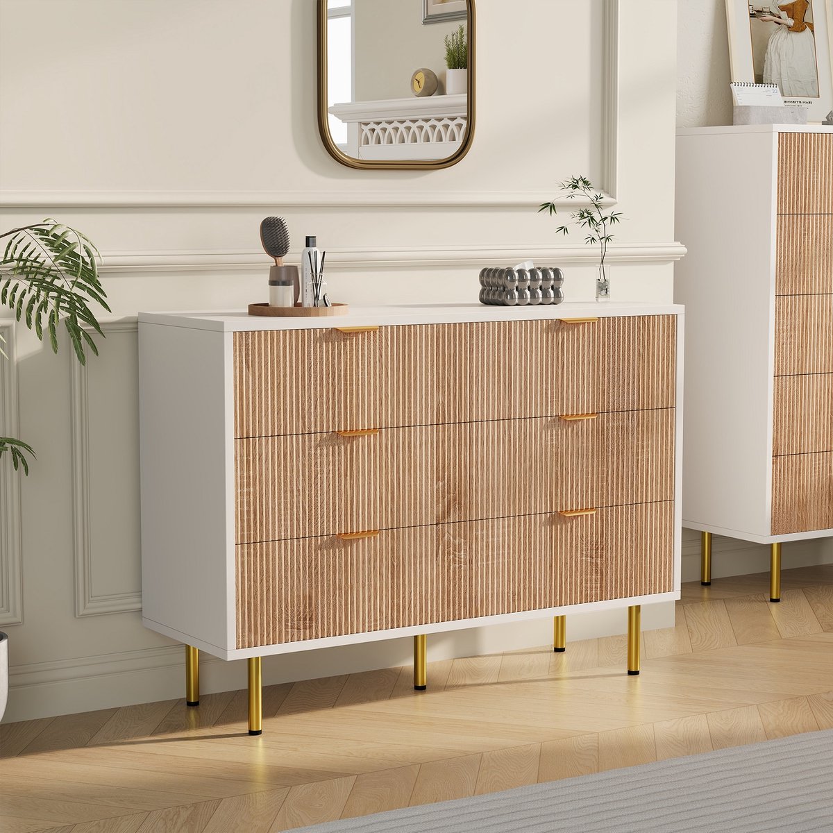 Moderne ladekast met 6 lades, dressoir met 6 lades, nachtkastje met gouden metalen handgrepen, dressoir, moderne ladekast voor slaapkamer, woonkamer, kantoor, kledingkast, hout + wit, 1 stuk