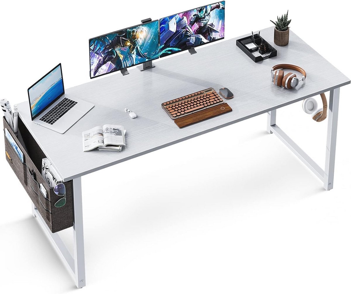 Computerbureau met Hoofdtelefoonstandaard en Opbergtas - Wit, 160 x 55 x 74 cm