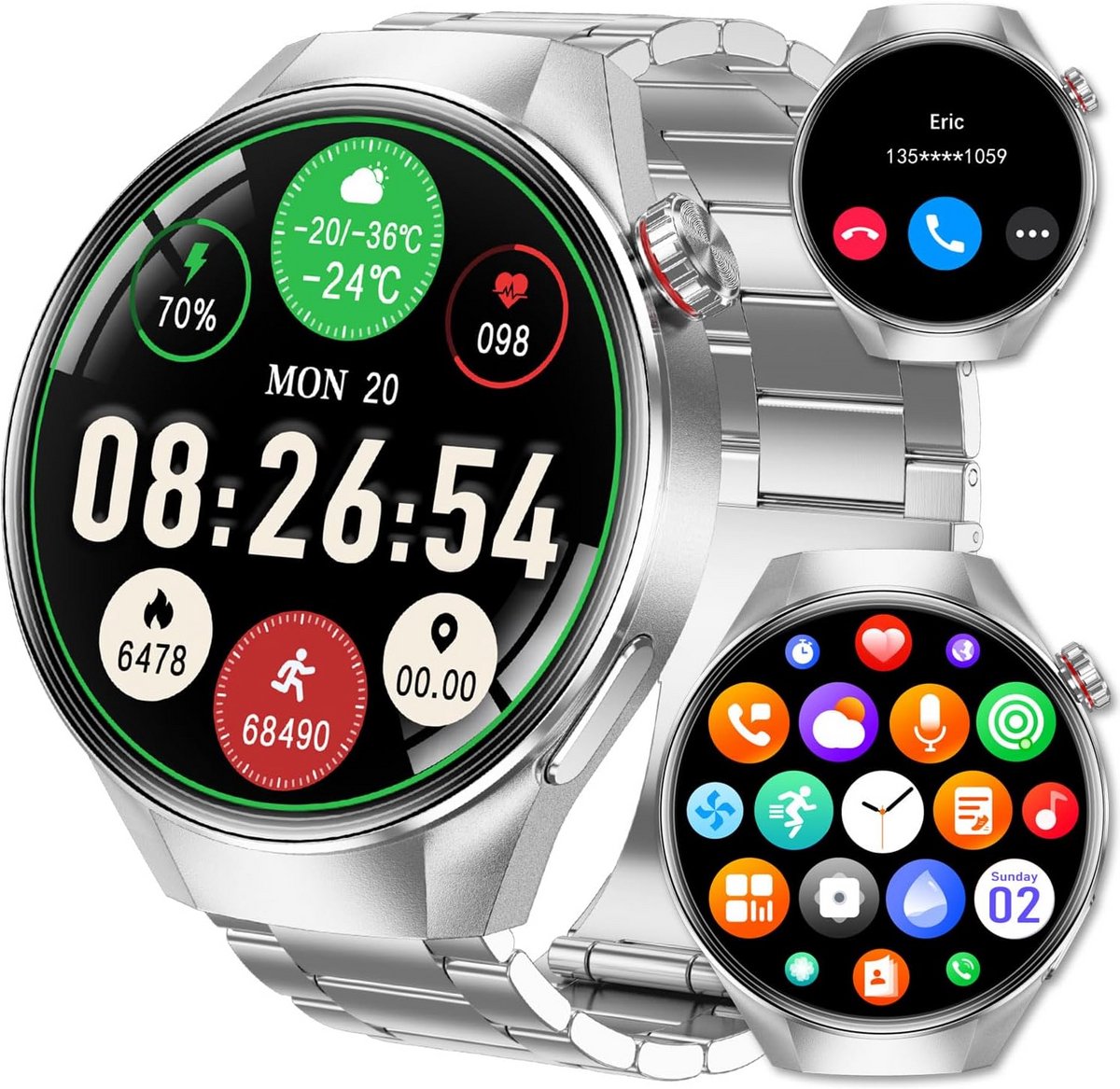 Smartwatch voor Heren met 1.75" AMOLED Scherm, Bluetooth Bellen, Hartslag & Zuurstofmeter, IP67 Waterdicht