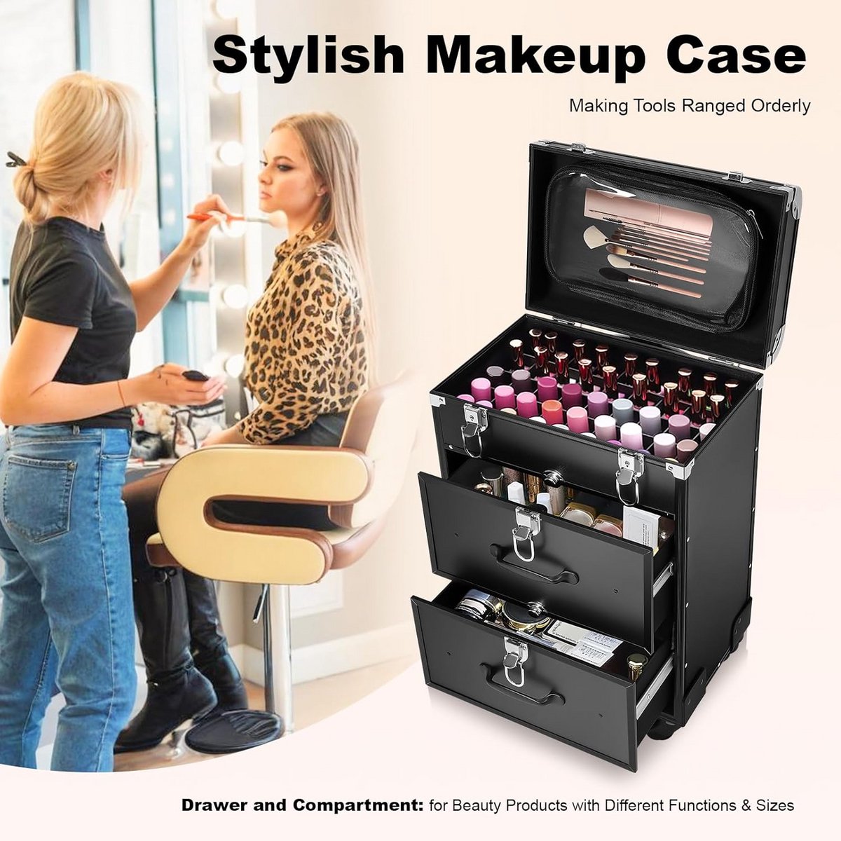 Professionele Cosmetica Trolley Koffer met Wieltjes en Slot - Verstelbare Make-up Opberger