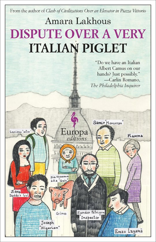 Boekomslag met een illustratie van personages en de Mole Antonelliana, met de titel 'Dispute Over a Very Italian Piglet'.