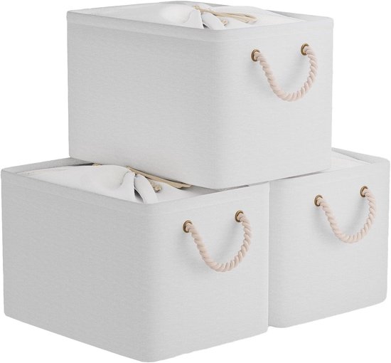Grote opbergmanden set van 3, opvouwbare manden met handgrepen en trekkoord, 40 x 30 x 26 cm