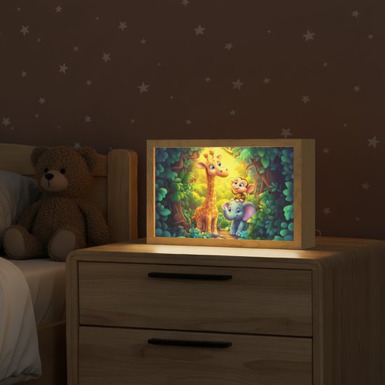 Nachtlampje 30x20 cm - Kinder lampje - Dieren - Jungle - Giraf - Olifant - Aapje - Tafellamp kinderkamer - Slaapkamer lamp - Bedlamp kinderen - Kinderlampje stopcontact - Wandlamp babykamer - Nachtlampjes van Decoware — afbeelding 2