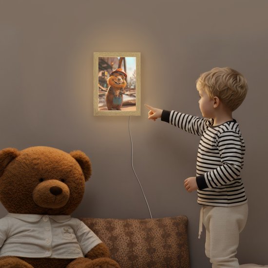 Nachtlampje 15x20 cm - Kinder lampje - Bever - Bouw - Bouwhelm - Dier - Tafellamp kinderkamer - Slaapkamer lamp - Bedlamp kinderen - Kinderlampje stopcontact - Wandlamp babykamer - Nachtlampjes van Merkloos — afbeelding 5